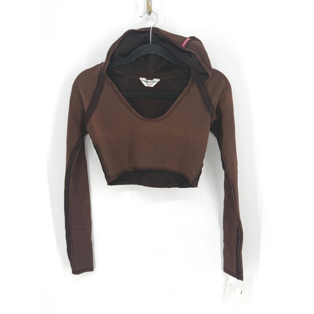 New Hard Tail Forever Y2K Raw Edge Crop Sweatshirt Fleece Hoodie Brown Size XS